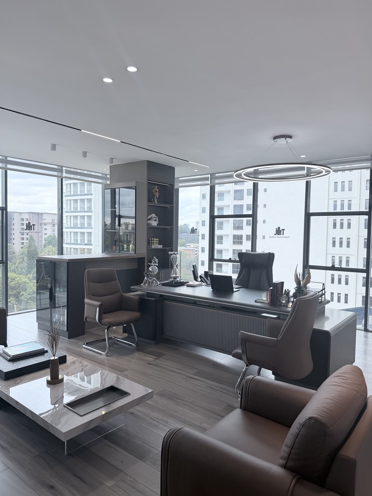 Executive office with floor-to-ceiling windows